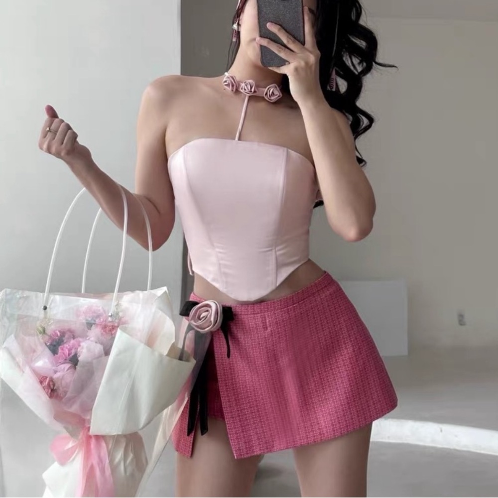 Vietnamese Pastel Pink Rose Bow Ribbon Halter Satin Corset Crop Top Blouse